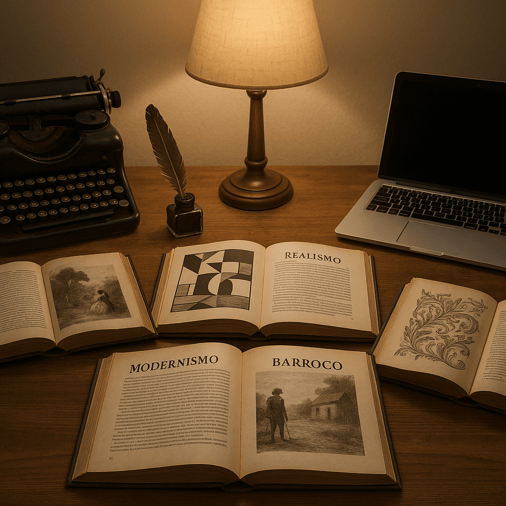 Uma mesa com livros abertos, uma maquina de escrever no canto superior esquerdo e um notebook aberto no canto superior direito.