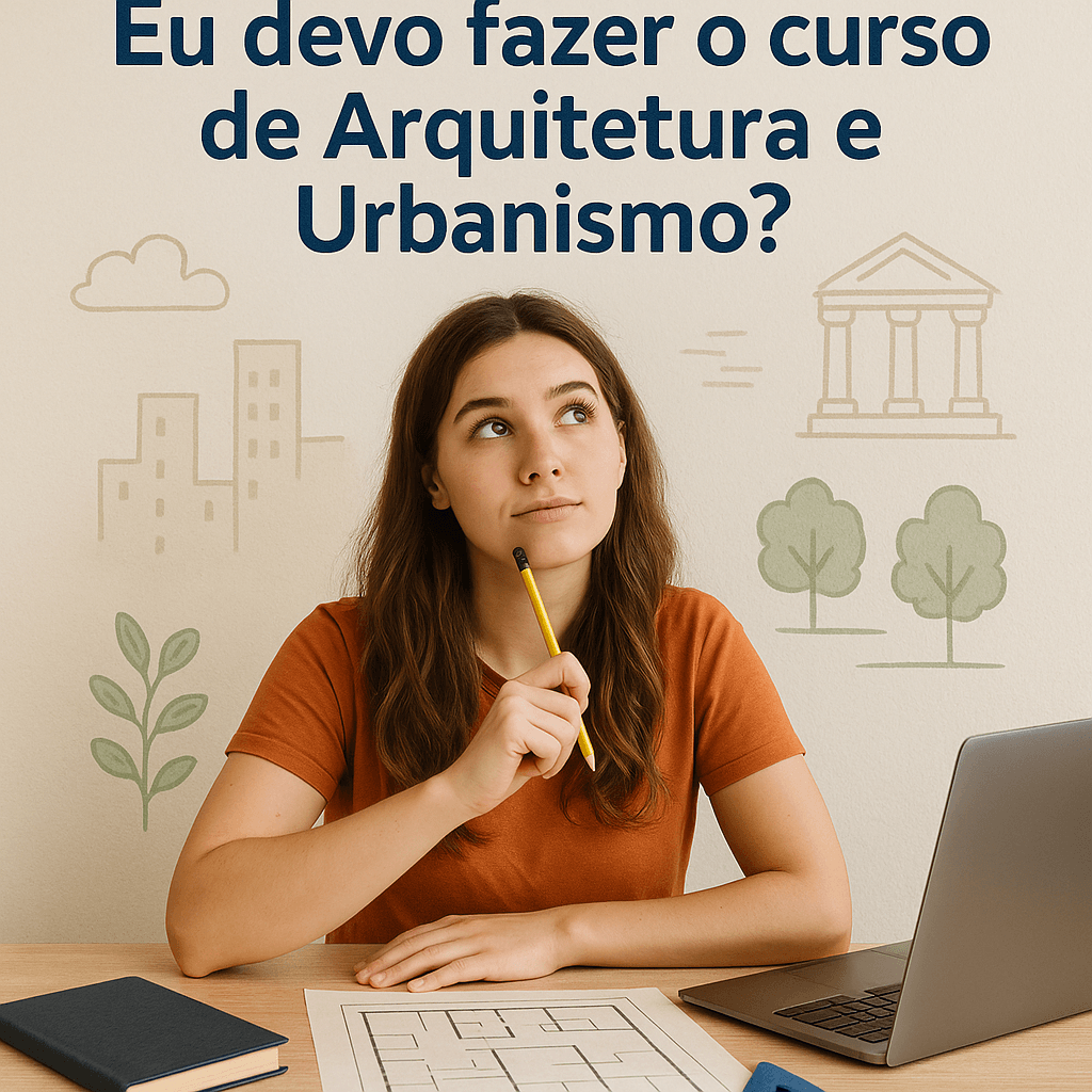 Jovem pensativa com lápis e planta baixa à mesa, com a frase “Eu devo fazer o curso de Arquitetura e Urbanismo?” ao fundo.