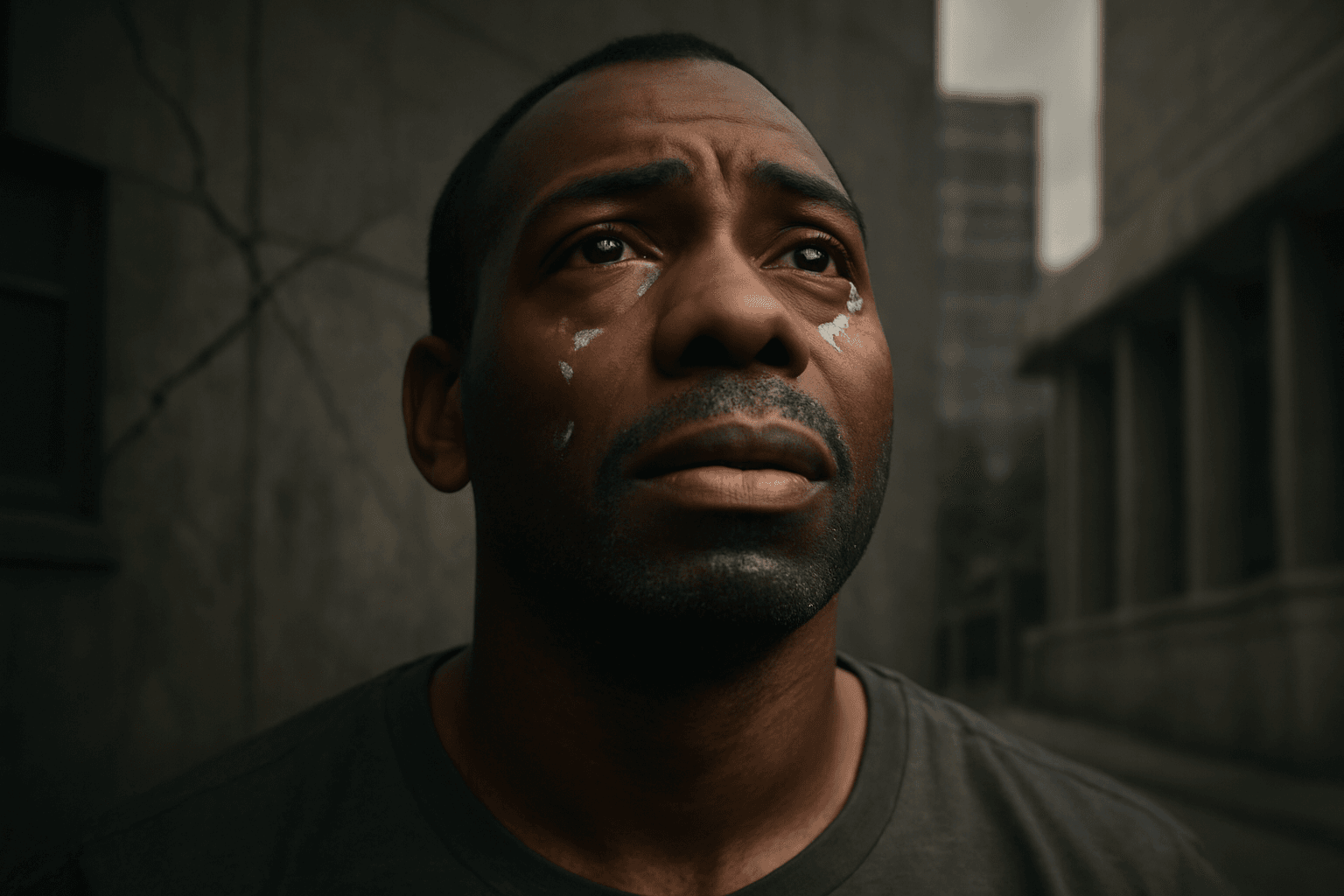 Homem negro com lagrima nos olhos, olhando para cima!