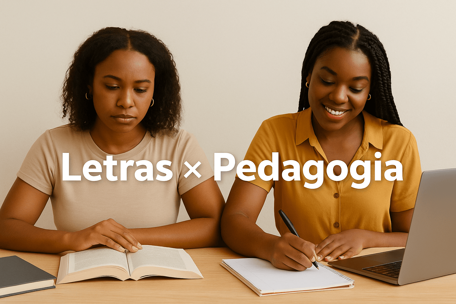 Duas mulheres sentadas à mesa, uma lendo e outra escrevendo, com a frase “Letras × Pedagogia” ao centro da imagem.